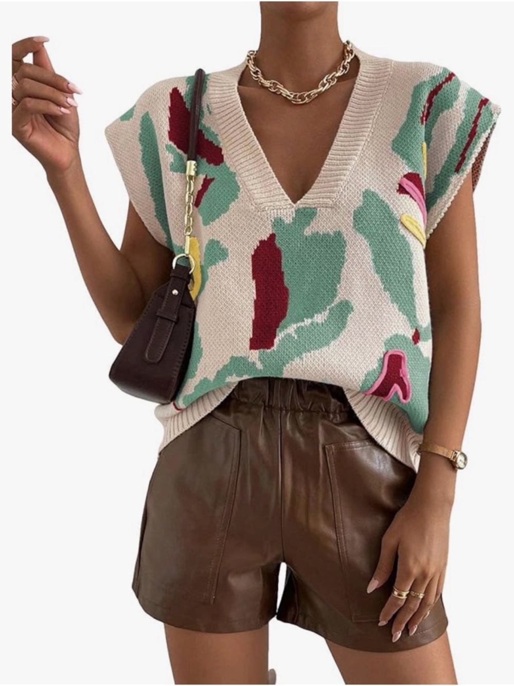 NWOT SweatyRocks V-Neck Abstract Print Knit Sweater Vest